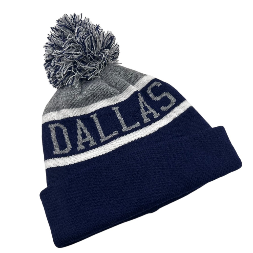 NEW Dallas Knit Cuffed Pom Pom Beanie Hat Navy Gray White Winter Cap Cowboys